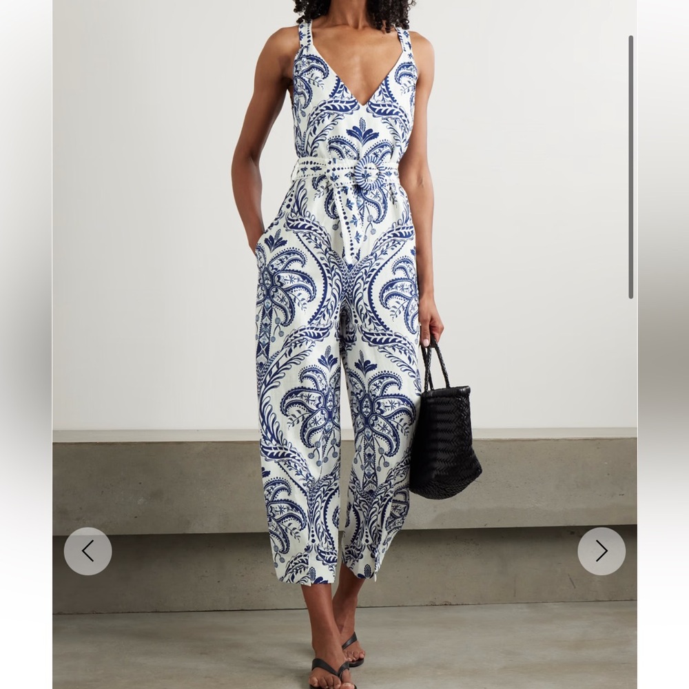 Farm Rio Linen and Lenzing viscose blue paisley belted jumpsuit